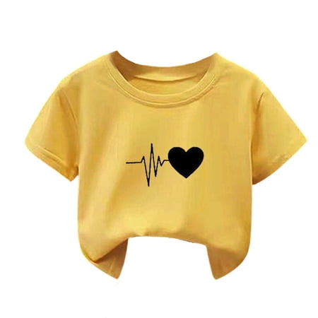 Angala Toddler Girls T Shirts Short Sleeve Crew Neck Hearts Print Summer Loose Fit Dailywear Casual Fashion Breathable Lightweight Comfortable Child Tees Size 7-8 Years Yellow
