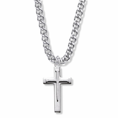 Singer Men's 1-5/16 Inch Sterling Silver Overlaid Nail Cross Necklace with Stainless Steel Rhodium Plated 24" Chain, Style Cross