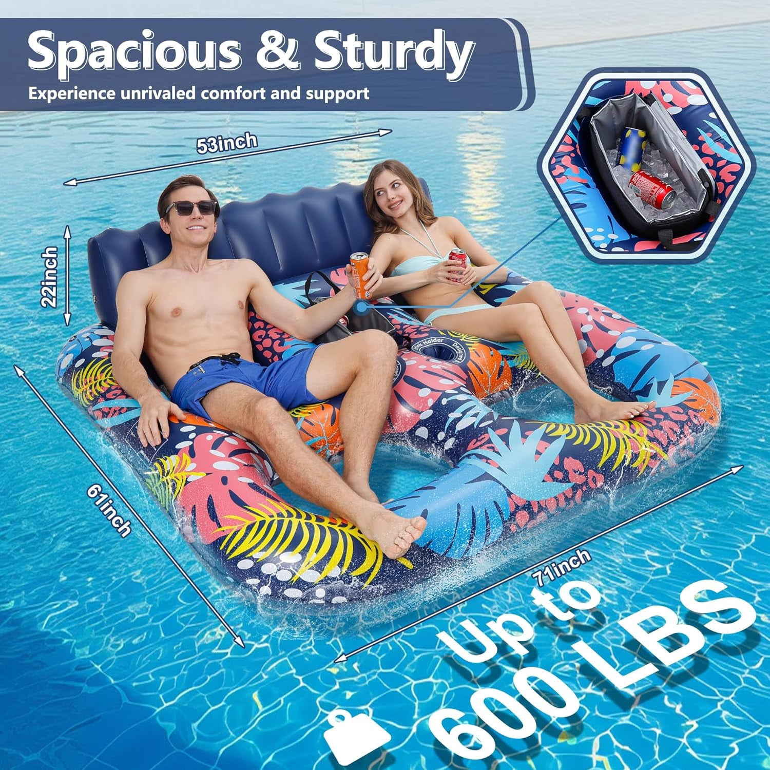 2-Person Inflatable Pool Floats Adult Heavy Duty, 71" x 61" Pool Lounger Float with Cup Holders & Backrest & Removable Insulated Cooler, Thickened Swimming Raft for Pool Party, Lake, Beach, River