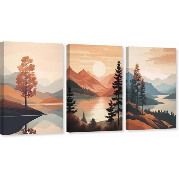 ZHONGYUTONG Boho Canvas Wall Art 3 Piece Minimalist Bohemia Picture Sunrise Mountain Tree Artwork Painting for Bedroom Decor Framed (11.00" x 14.00" x 3PCS)