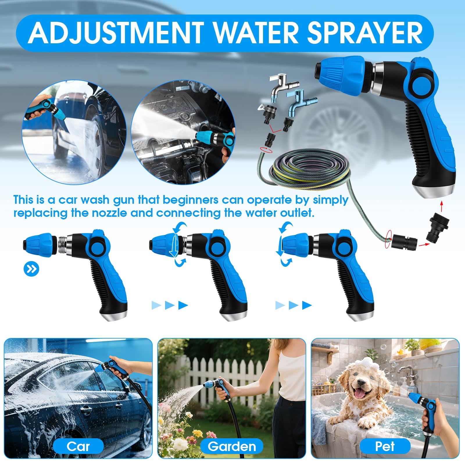 Multifunctional Blue Car Detailing Cleaning Kit, Car Wash Set with Foam Sprayer, Long Handle Wash Brush and Foldable Bucket, Ideal Car Washing Gift for All Car Owners
