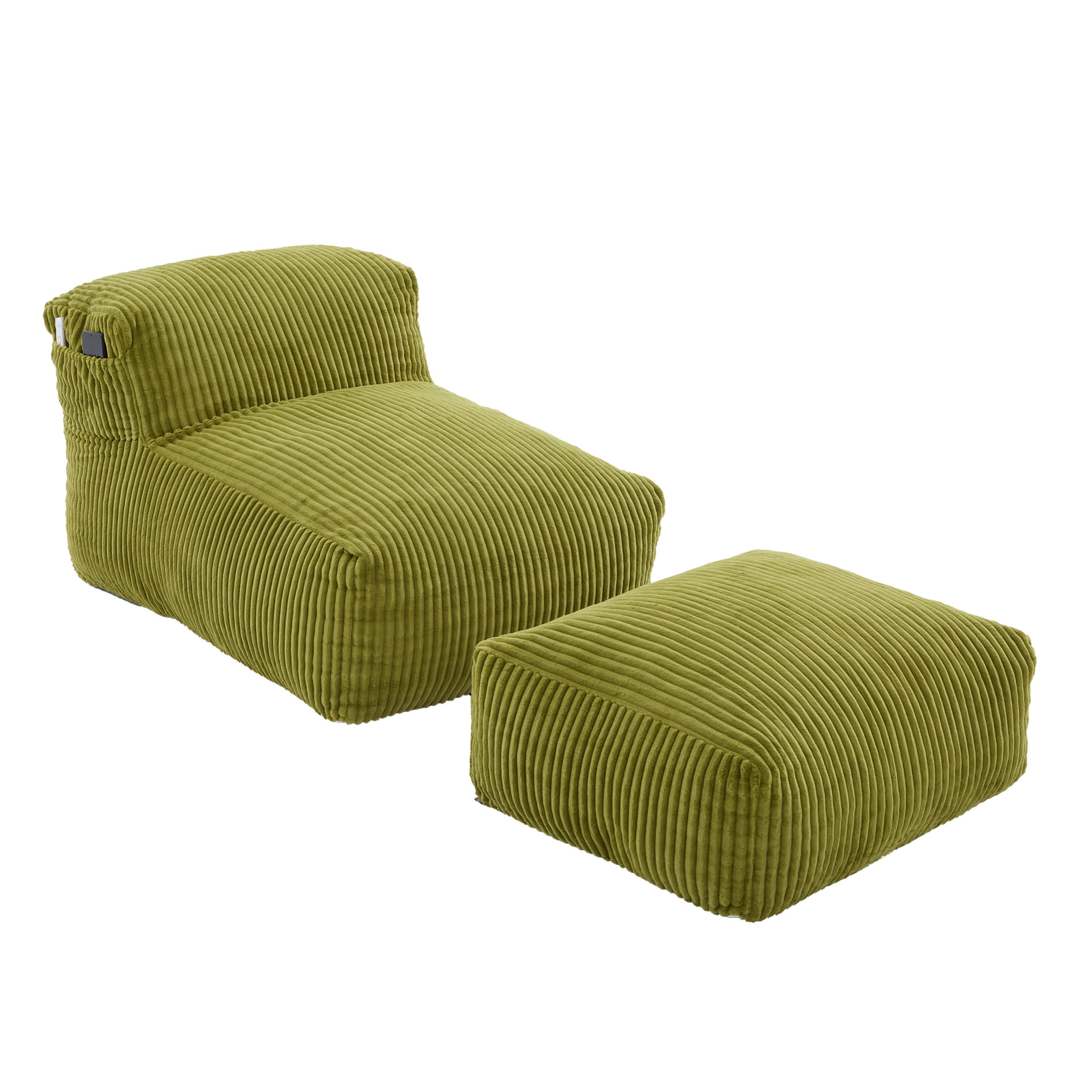 Noble House Corduroy Bean Bag Lounge Chair with Ottoman, Memory Foam Bean Bag Sofa, Olive