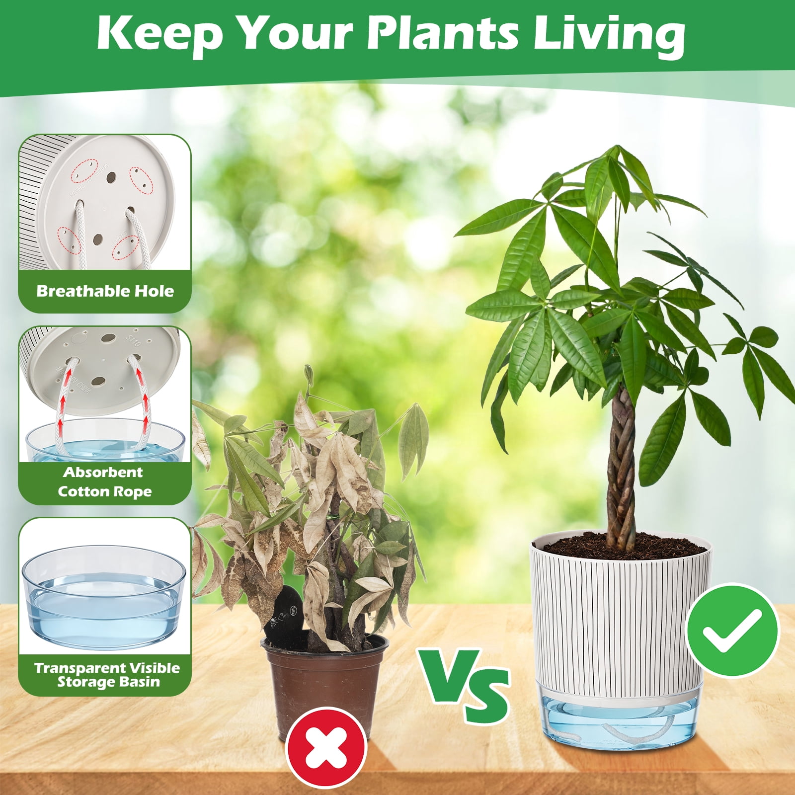 Samhe 6 Pack Self Watering Pots for Indoor Plants, 4" 5.5" 6.3" Plastic Self Watering Planter with Drainage Holes and Saucers