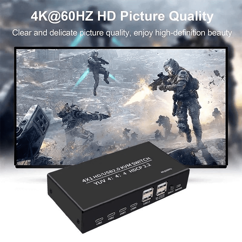 RIWPKFH 4 port HDMI KVM Switch 4 in 1 out 4K 60Hz HDMI USB Switch Selector with Desktop Controller for 4 PC Share Monitor Mouse Keyboard