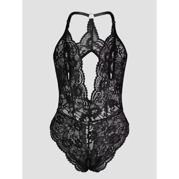 Women's Sheer Mesh Lace Bodysuit One Piece Lingerie V Neck Teddy Lingerie Stretchy Floral Lace Sleepwear