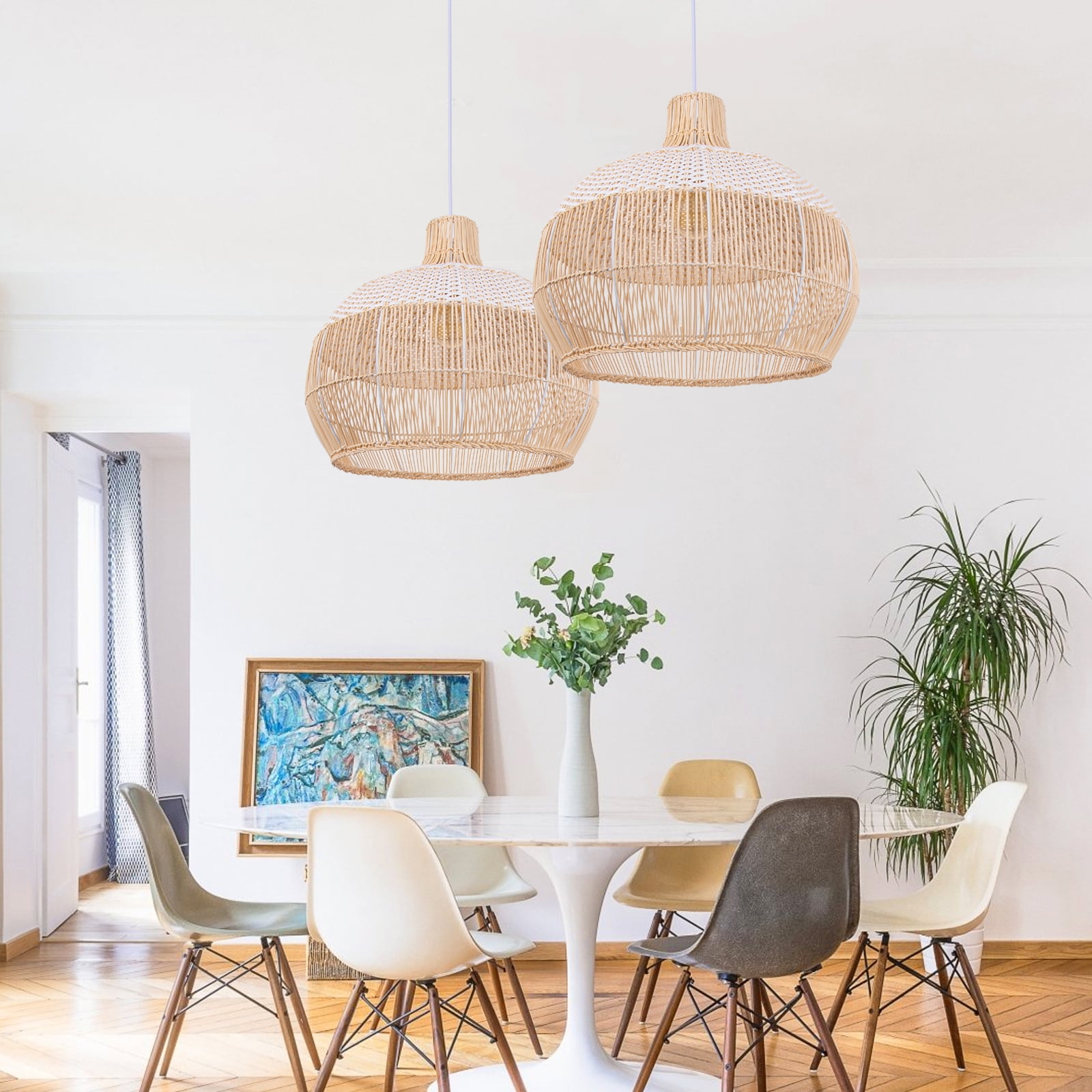 Arturesthome White Handwoven Rattan Boho Pendant Lighting Fixtures Wicker Hanging Ceiling Light Chandelier Handmade Woven Basket Lampshade- Lights