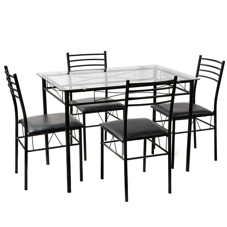 Gymax 5 Piece Dining Set Glass Top Table 4 Upholstered Chairs Kitchen Room Furniture