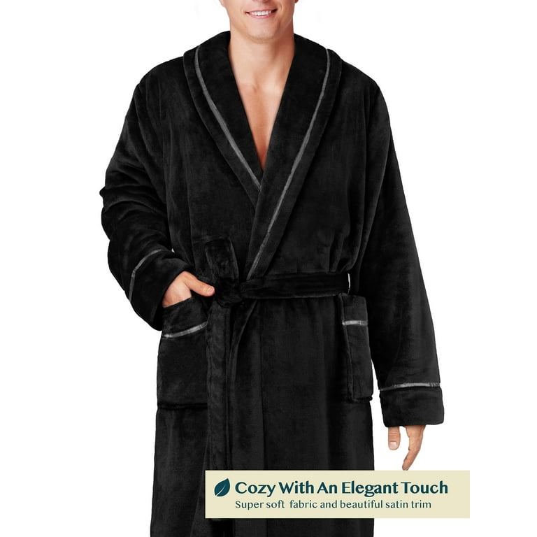 PAVILIA Mens Robe, Soft Robe for Men, Fleece Warm Long Bathrobe for Bath  Shower Spa with Shawl Collar and Pockets, Plush Microfiber - Black