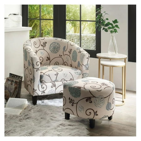 Modern Accent Tub Chair and Ottoman Set, Fabric Upholstered, Living Room Chairs for Bedroom, 2pcs Contemporary Armchair with Footrest