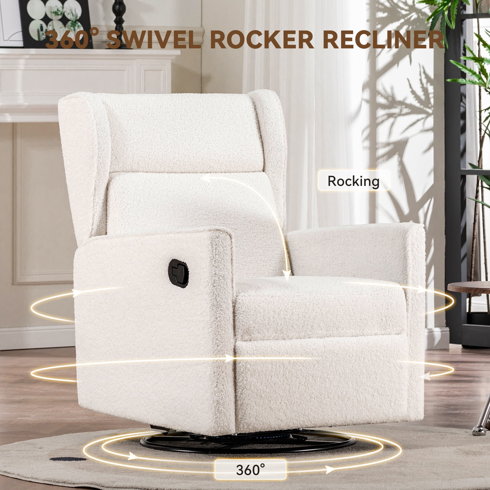 COMHOMA Nursery Rocking Chair Teddy Upholstered Swivel Rocker Recliner Manual Glider Reclining Chair for Living Room Bedroom Offices,Beige