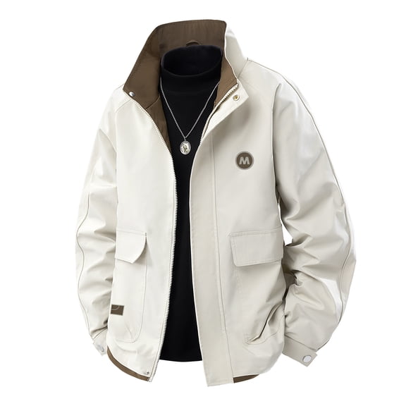Men's Zip Up Jacket Lightweight Stand Collar Utility Windproof Coat with Pockets Casual Commuter Workwear Outerwear for Fall Spring