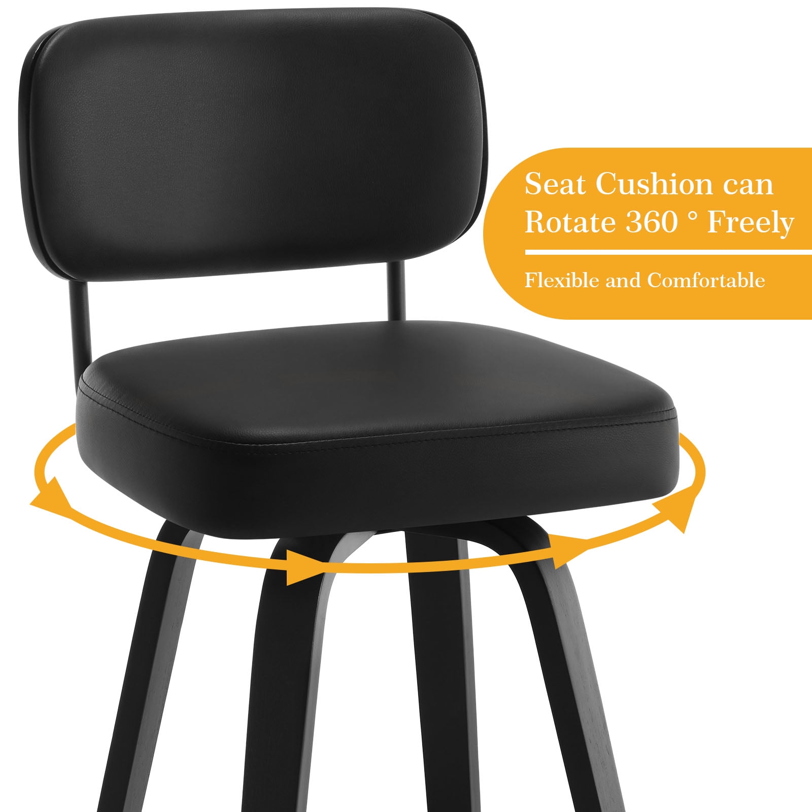 Foreate Swivel PU Bar Stools, Set of 4, 29" Bar Height Upholstered Leather with Mid-Back Wood Legs, Modern Chair Island Counter Stool for Kitchen, Black