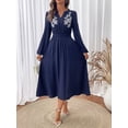 thumbnail image 6 of Women's Embroidered Notched Long Sleeve Midi Dress with 88% viscose and 12% polyamide fabric for versatile wear, 6 of 8