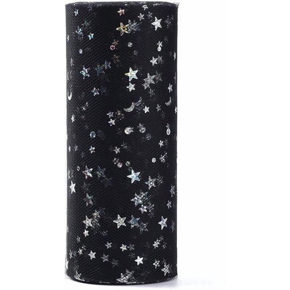 1 Roll Glitter Sequin Deco Mesh Ribbons Tulle Fabric Tulle Roll Spool Fabric for Skirt Making Star Pattern Black 6 inch(15cm) 25yards/roll(22.86m) Black for diy making