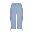 thumbnail image 5 of Womens Capri Pants Solid Color High Waist Drawstring Cargo Shorts with Pockets Casual Loose Summer Beach Cropped Trouser, 5 of 7