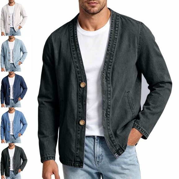 Danhjin Denim Jackets for Men Button V Neck Fall Spring Long Sleeve Casual Jean Jackets Solid Color Fashion Comfy Coats Outwear