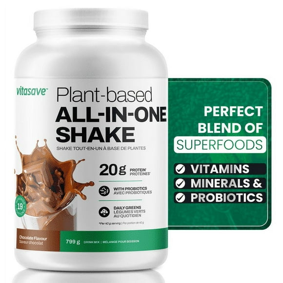 Vitasave Plant-Based All-In-One Shake – Chocolate, 799g with Greens, Enzymes, Probiotics & 20g Protein