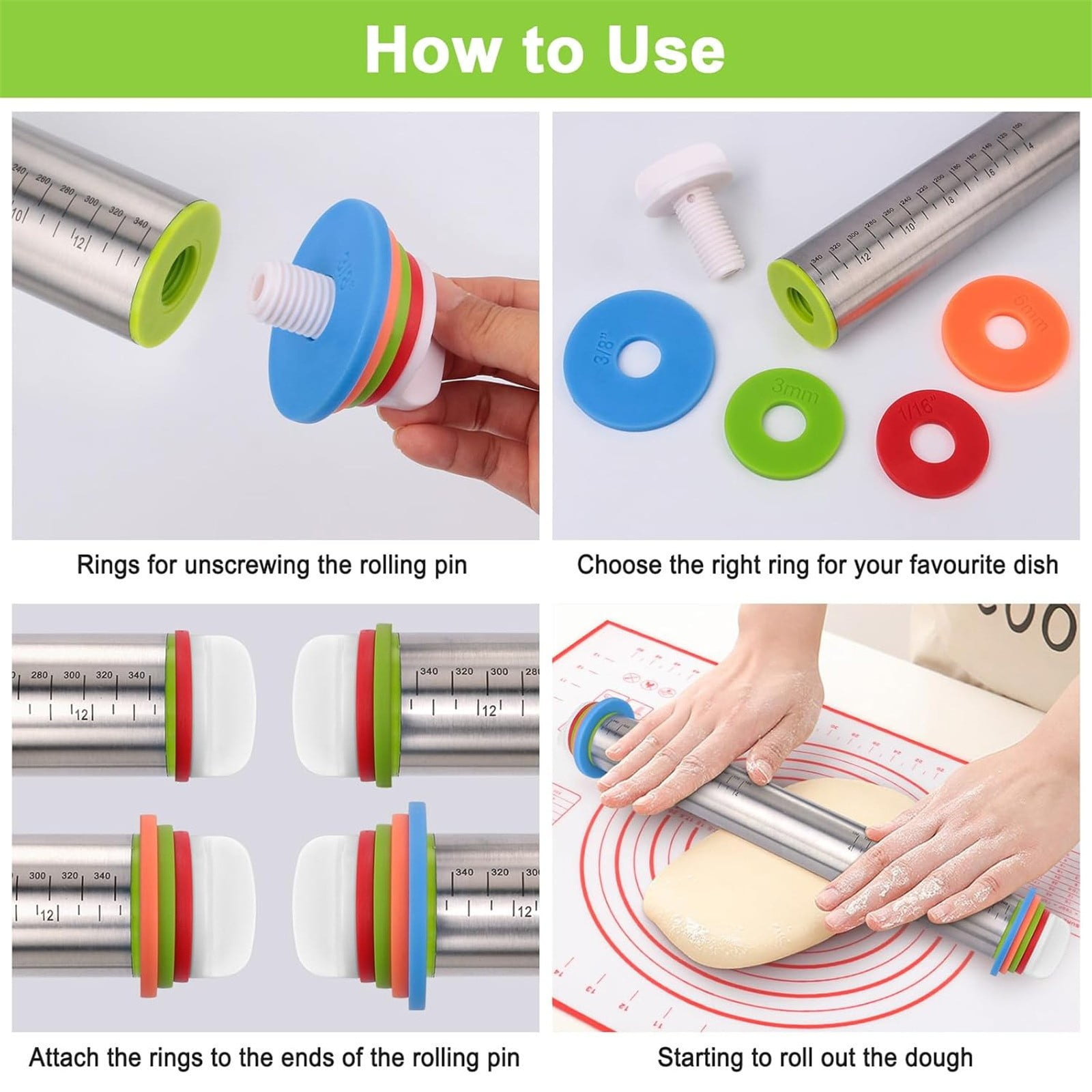 FURNIX 17-Inch Adjustable Rolling Pin,Silicone Baking Mat,430 Stainless Steel Dough Roller,Uniform Thickness Rings,Non-Slip Heat-Resistant Mat,Dishwasher-Safe Baking Tool