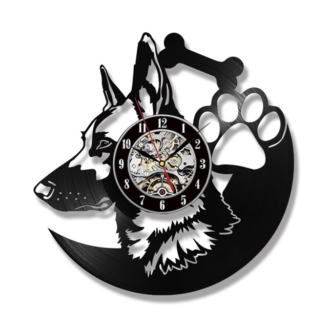 Reloj de pared Irfora Reloj de pared de 12 'Reloj retro montado en la pared Perro Pastor Diseño animal Reloj LP Amante del arte Regalo Decoraciones colgantes para el hogar Cafe Restaurante Irfora Reloj de pared