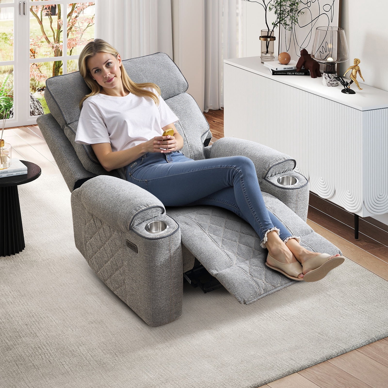 Bonzy Home Power Recliner Chair — Electric Fabric Recliner with Cup Holders & USB-C Charging Ports, Diamond Grid Upholstery, Light Grey