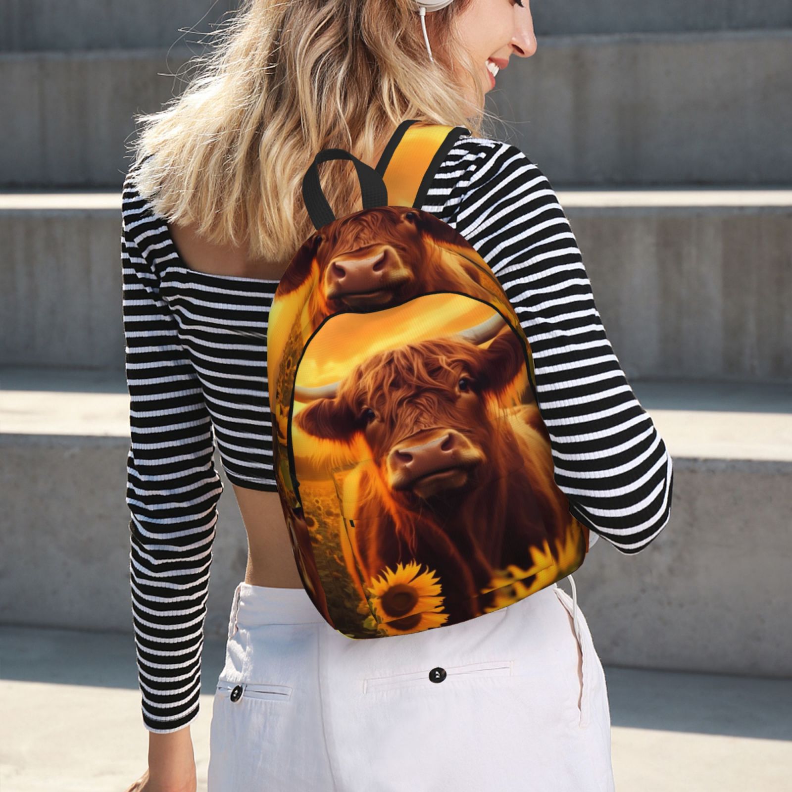 Vsdgher Vintage Sunflower Cow A Print Canvas Backpack Travel Rucksack Unisex Knapsack 15.7/17.7Inch Laptop Backpack for Work,College -Small