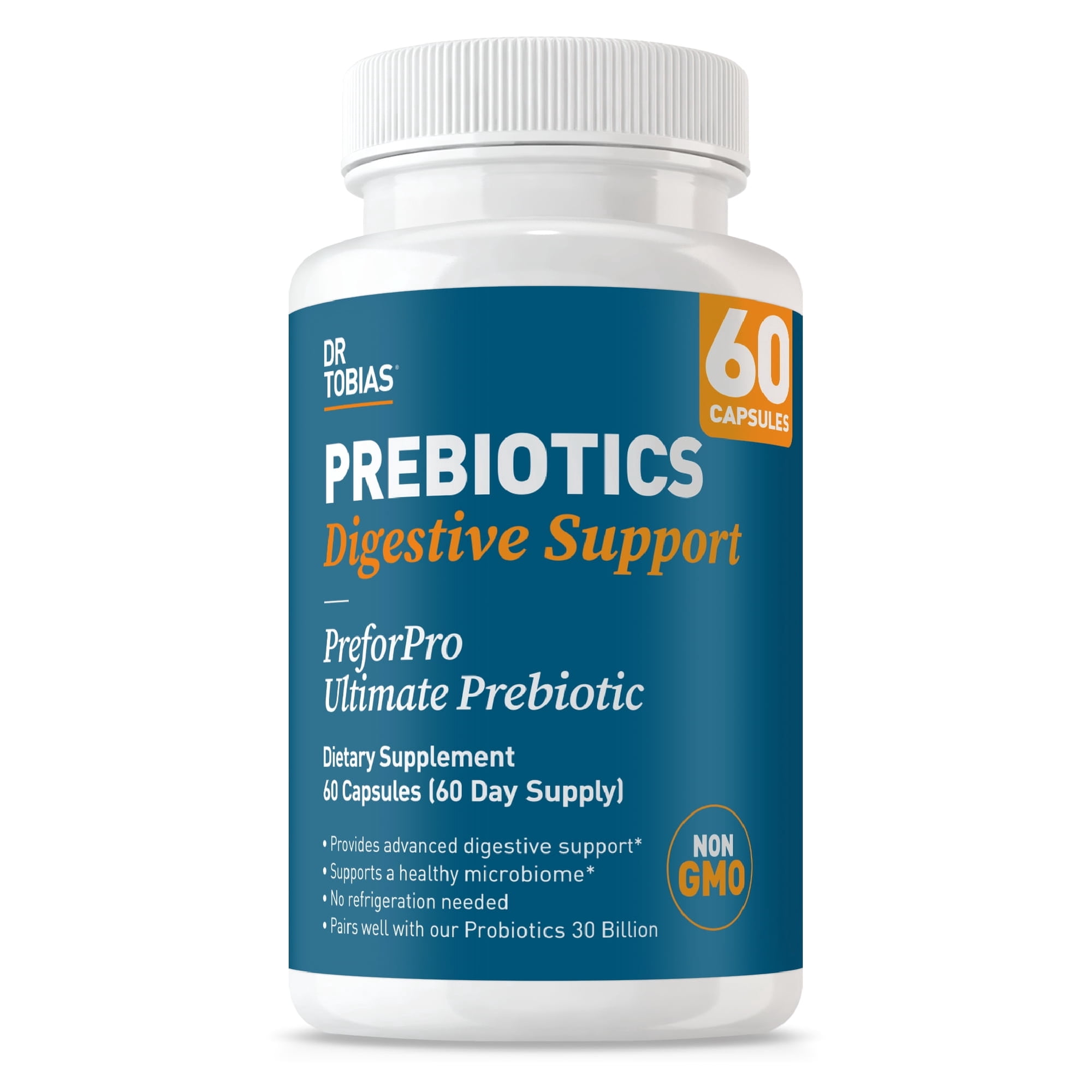 Dr. Tobias Prebiotics Digestive Support, Advanced Prebiotic Supplement for Gut Health, Immune Function & Boost for Probiotics for Women & Men, Vegan, Non-GMO, 60 Capsules, 60 Servings