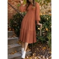 thumbnail image 3 of Womens Long Sleeve Dress Crew Neck High Waist Smocked Flowy Casual Midi Dresses for Women 2023, 3 of 7