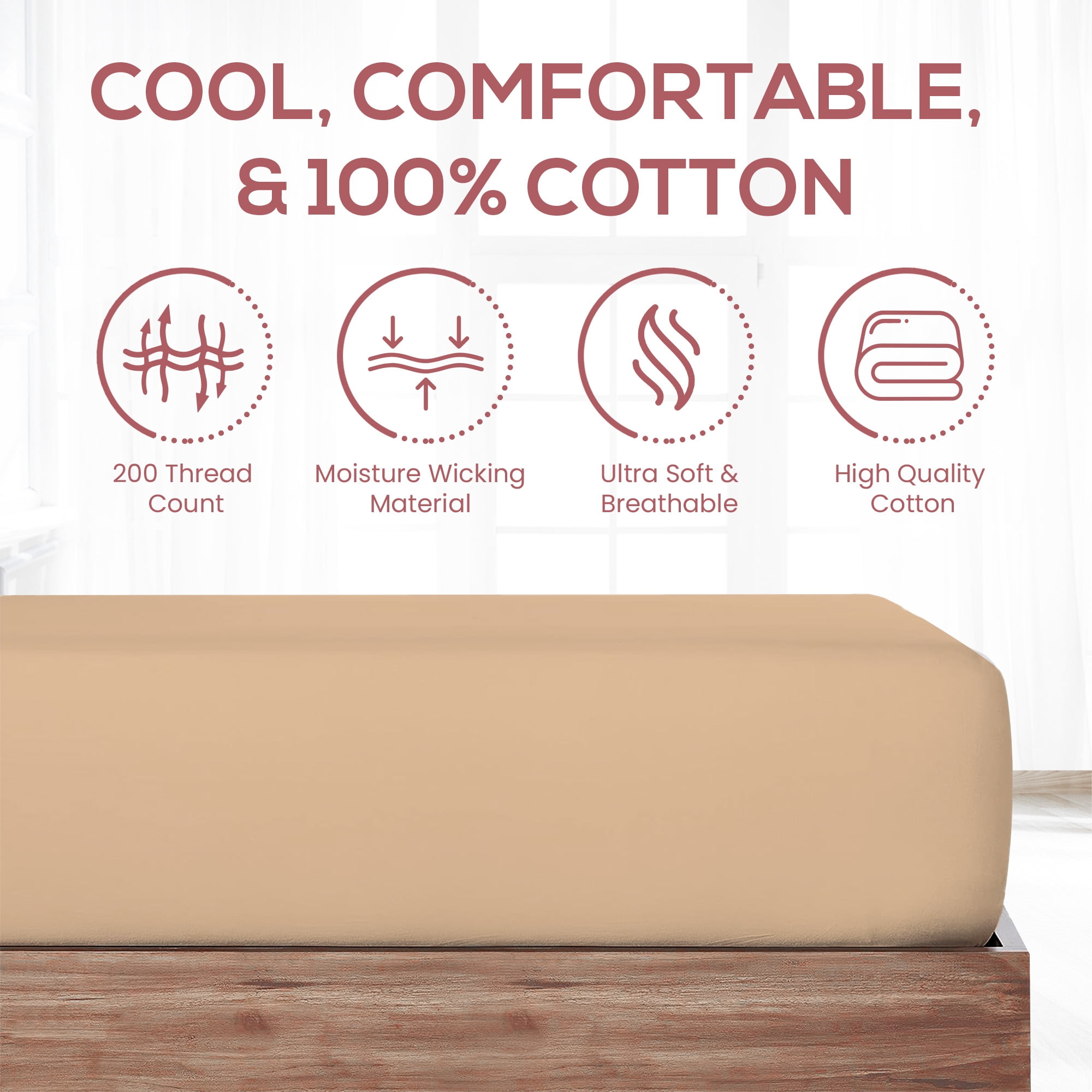 Superity Linen King Fitted Sheet Made from Cotton. Moisture Wicking Cotton Bed Sheet for Breathable, Dry, and Comfortable Night's Sleep. 200 Thread Count. (Beige)