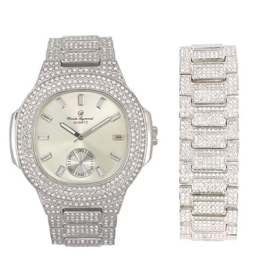 Charles Raymond Blinged Out Oblong Case Metal Mens Watch w/Matching Blinged Out Bracelet Set - ST10235 VO Shiny SLV -B