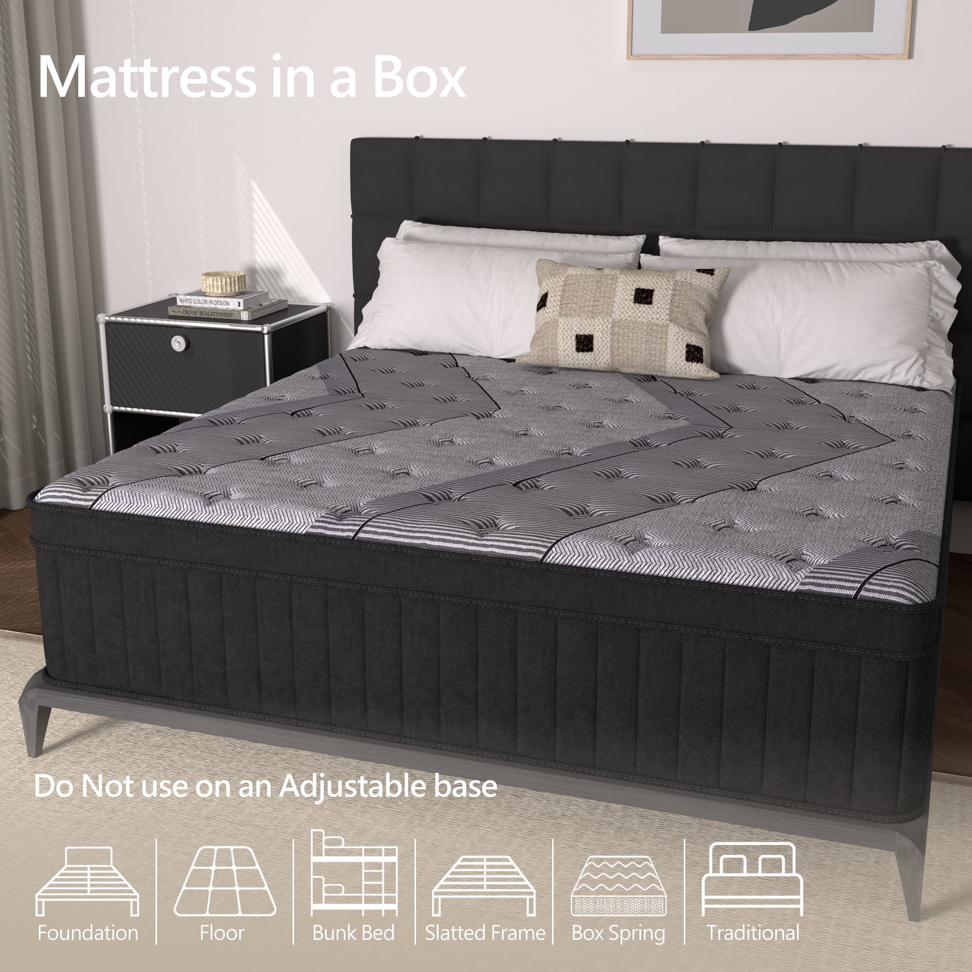 12 Inch Queen Size Mattress, Gray Cooling Gel Memory Foam & Spring Hybrid Medium Firm Comfort Queen Mattress in a Box,Adult,CertiPUR-US