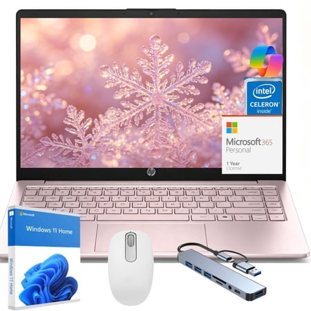 HP 14" HD Student Business Laptop, Intel Quad-Core N150, 16GB RAM,128GB UFS, 1 Year Office 365, Slim Design, Webcam, HDMI, Bluetooth, WiFi, Windows 11 Home, Pink