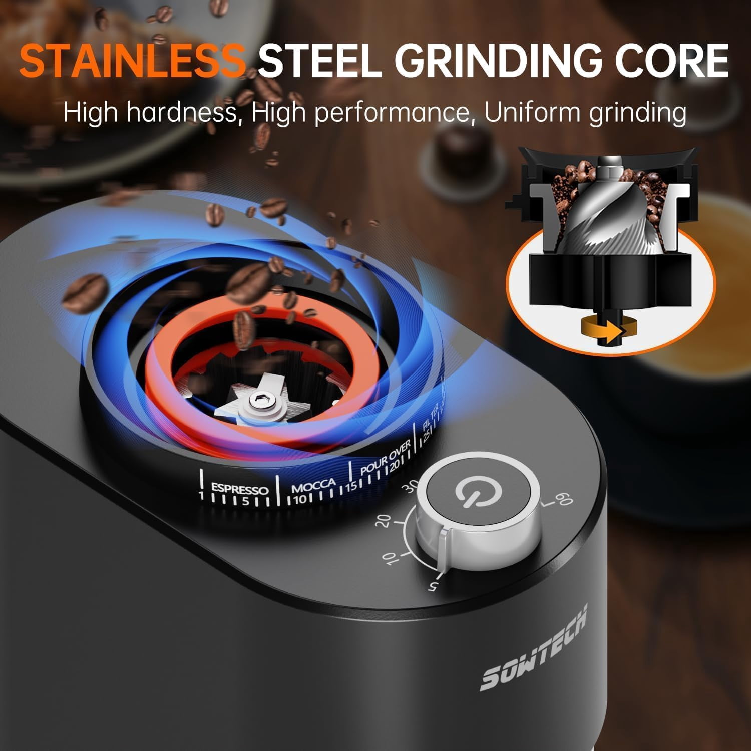 Conical Burr Coffee Grinder with 38 Settings & Timer for Espresso, Drip, French Press