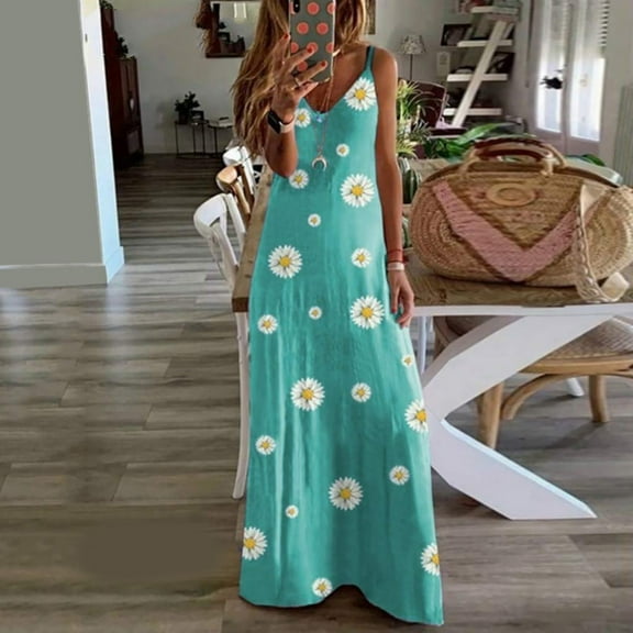 Summer Saving Wycnly Dresses for Women 2024 Beach Bobo Loose Hem Spaghetti Strap Long Dresses Sleeveless V-Neck Daisy Print Summer Maxi Sun Dress Mint Green S Up to 65% off