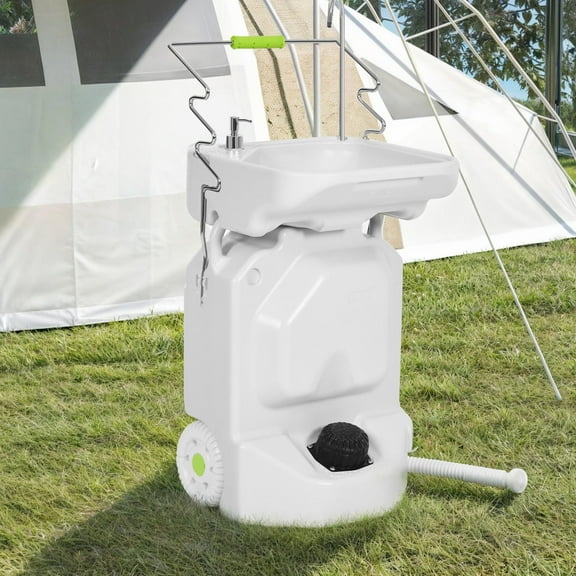 DEXTRUS Portable Camping Sink with Adjustable Wash Basin & Wheels, Wash Station with 10-gal Water Tank, White