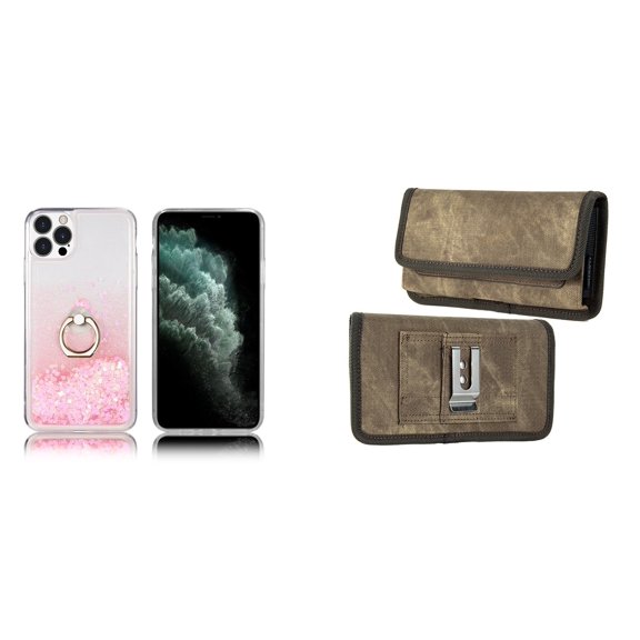 Waterfall Liquid Glitter Stand Case and Belt Holster Pouch for iPhone 14 Pro (Pink/Brown)