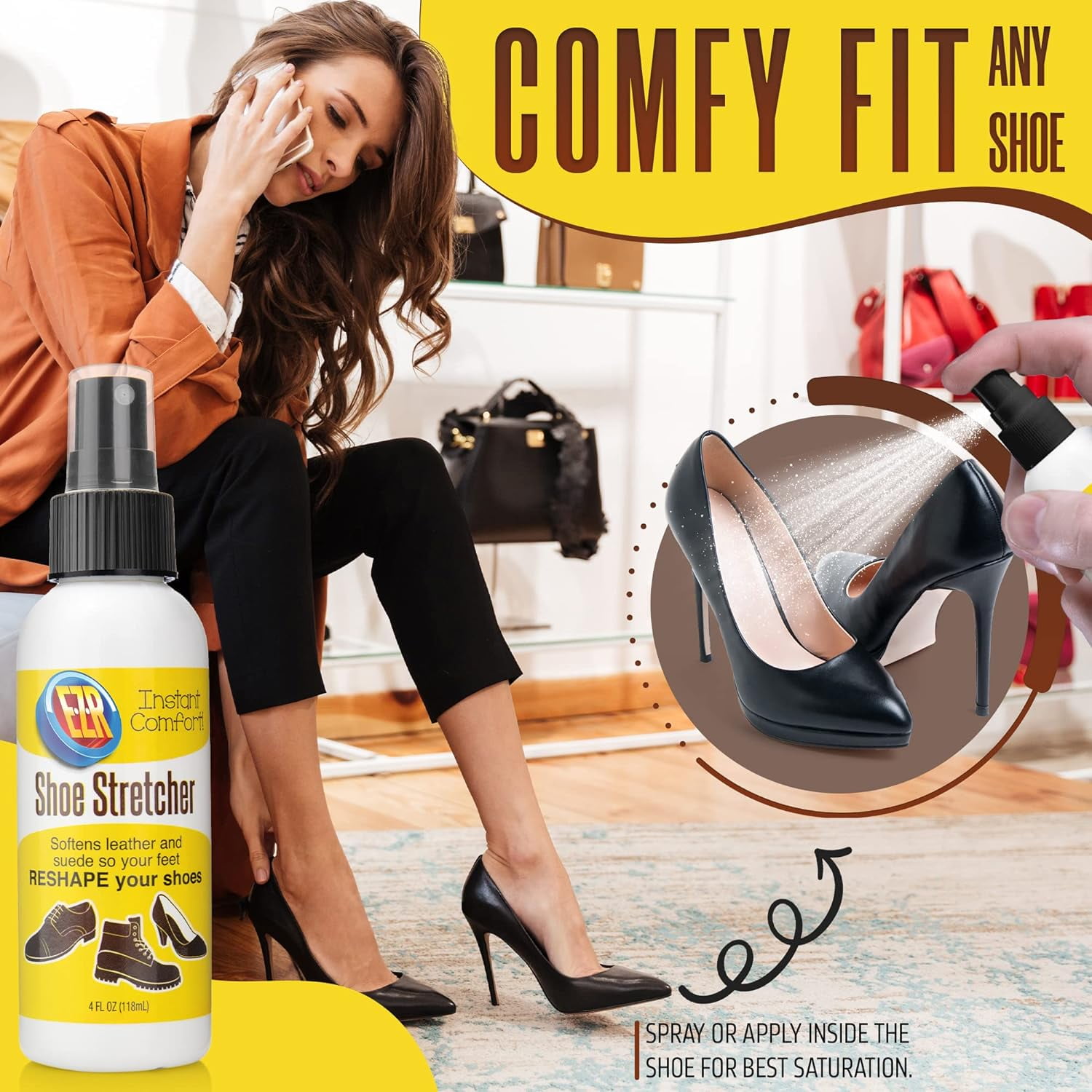 instant comfort liquid shoe stretcher spray. shoe stretch spray for leather used to instantly increase comfort and loosen the tight spots. for sneakers loafers sandals and high heels. two 4oz
