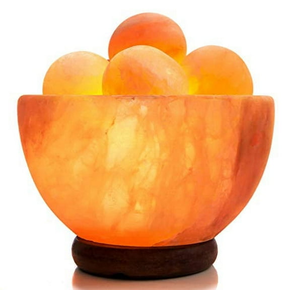 UMAID Natural Himalayan Rock Sea Salt Lamp Bowl with 6 Heated Salt Massage Balls, Stylish Wood Base, Bulb with Dimmable Switch UL-Listed Cord