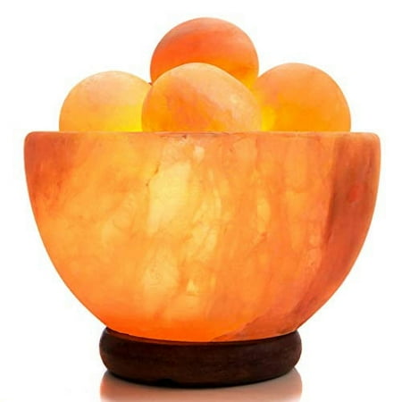 UMAID Natural Himalayan Rock Sea Salt Lamp Bowl with 6 Heated Salt Massage Balls  Stylish Wood Base  Bulb with Dimmable Switch UL-Listed Cord