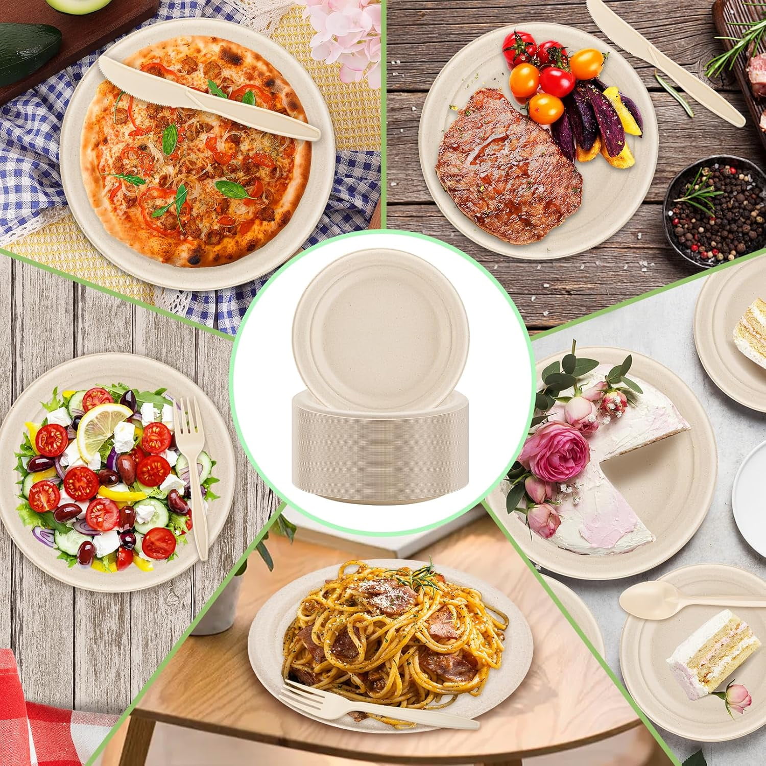 250 PCS Compostable Paper Plates Set,Heavy Duty Disposable Paper Plates Set,Biodegradable plates and utensils Includes Plate,Extra Long Forks,Knives,Spoons for Party Camping