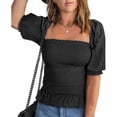 thumbnail image 5 of Top De Verano, Fruncido, Transpirable, Dobladillo Con Volantes, Manga Farol De Color Puro, Cuello Cuadrado, Blusas De Mujer Para Uso Diario EOTVIA Negro L, 5 of 5
