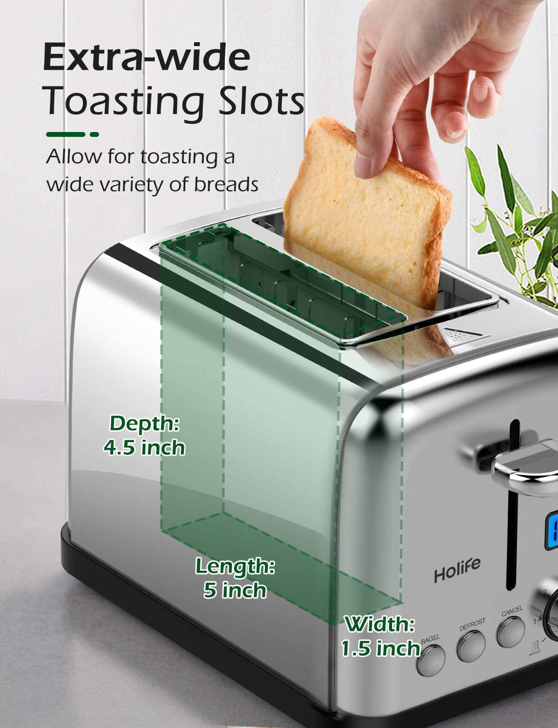 6... Bagel Toaster HOLIFE 2 Slice Toaster Stainless Steel LCD Timer Display 