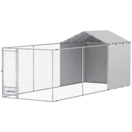 SSLZ Galvanized Chain Link Large Outdoor Dog Kennel with Waterproof & UV-Resistant Cover, for M&L Dogs, 19.7' x 7.5' x 7.5'