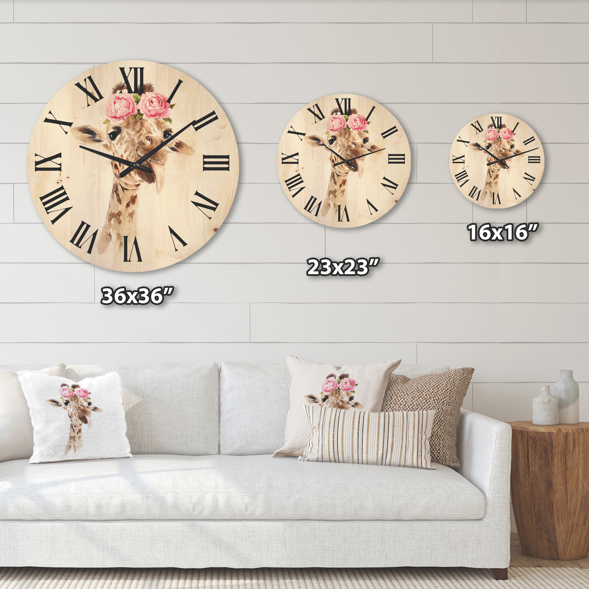 Designart 'Portrait of A Giraffe With Pink Flowers' Farmhouse Wood Wall Clock