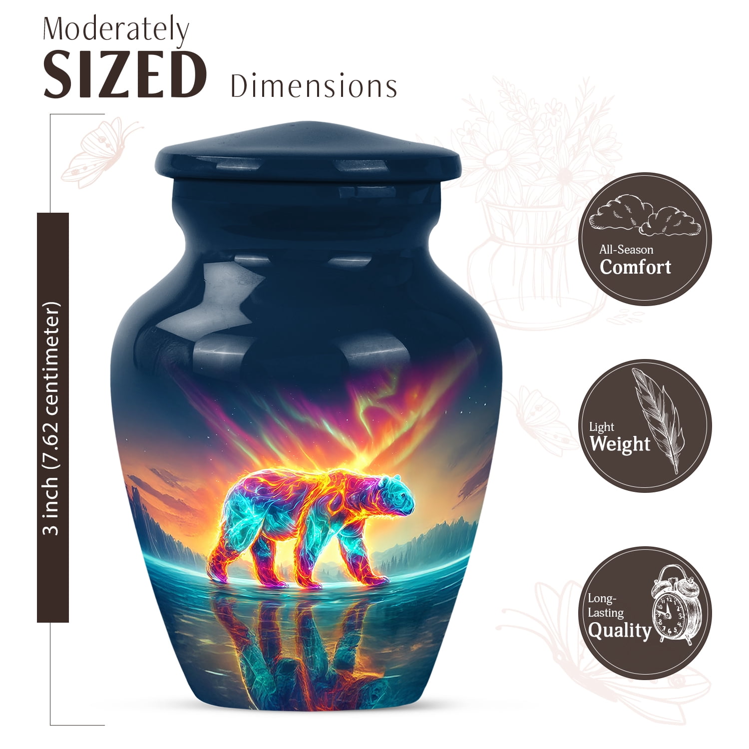 JAGASY Bear Urn for Father, Blue Small Urns for Human Ashes Keepsake, Polar Bear Northern Lights & Snowy Mountain Decorative Urns for Parents, Memorial Mini Urn for Mother, (3 Inch)