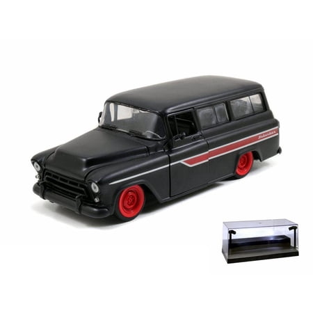 Diecast Car w/Display Case – 1957 Chevy Suburban Matte Black – Jada 31828DP1 – 1/24 scale Diecast Model Toy Car
