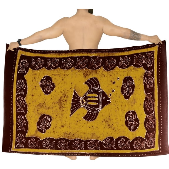 HAPPY BAY Men's Standard Vacation Dashiki Sarong Full Pareo Beach Wrap One Size Brown, Fish Summer Vacation Party