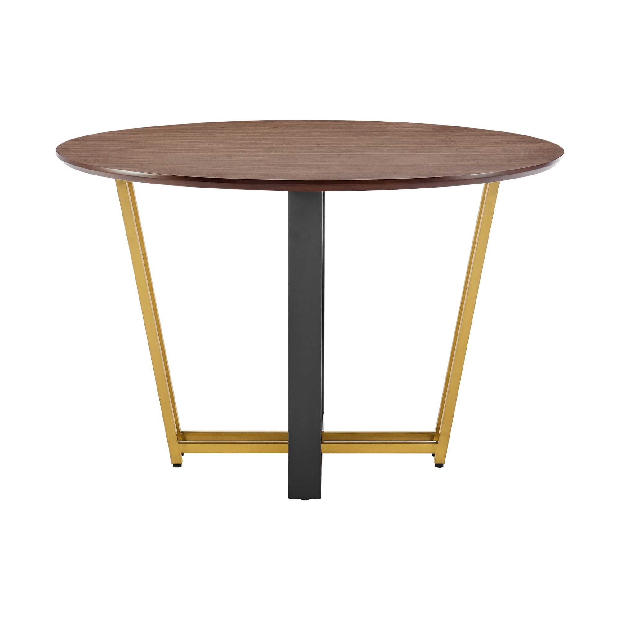 Joana 48" Round Dining Table in Gold Stainless Steel and Black Iron Base with Walnut Tabletop