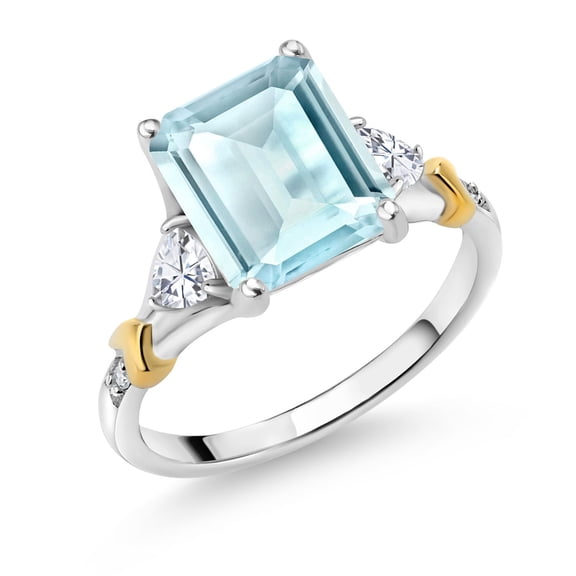 Gem Stone King 925 Silver and 10K Yellow Gold Sky Blue Topaz and Moissanite and Diamond Engagement Ring for Women (4.34 Cttw, Emerald Cut 10X8MM, Trillion 3.5MM, Size 6)