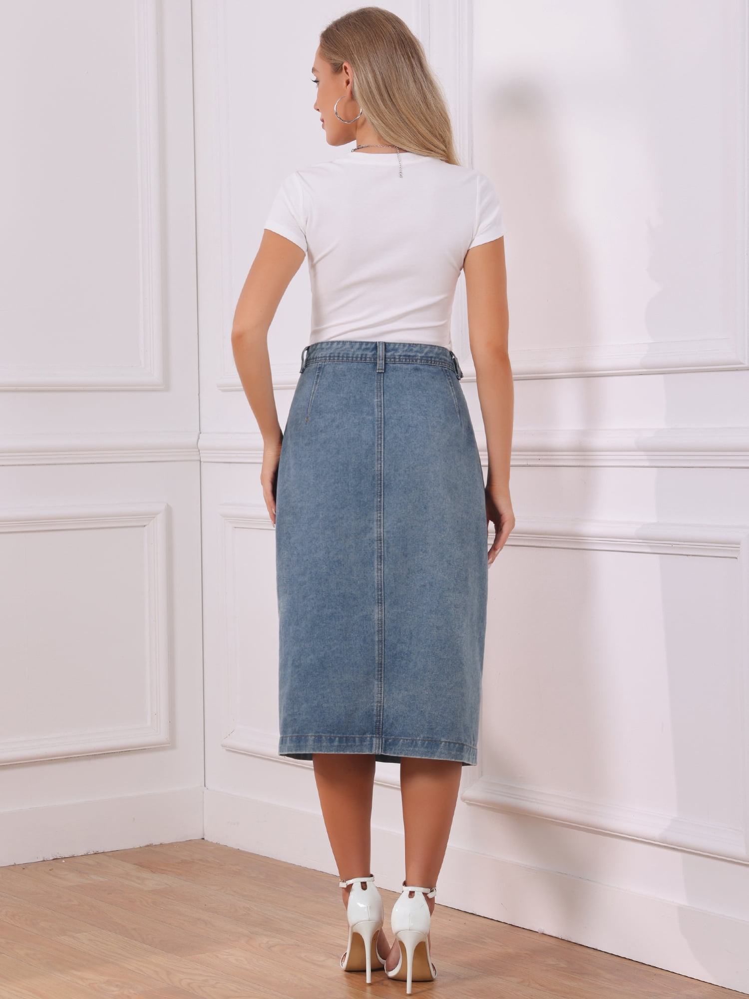 DARING DIVA Women's Denim Midi Skirt Button Up Slit Jean Skirts XX-Large Gray Blue