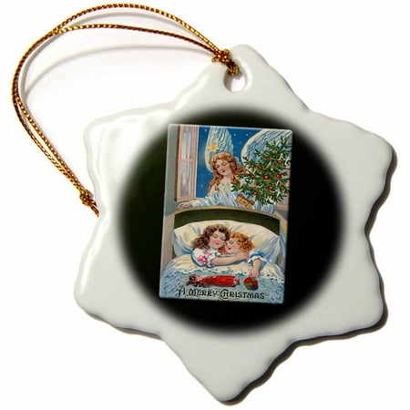 Looking For Christmas Ornaments 3dRose A Merry Christmas Children Asleep in Bed with an Angel Looking on with a Christmas Tree, Snowflake Ornament, Porcelain, 3-inch ()